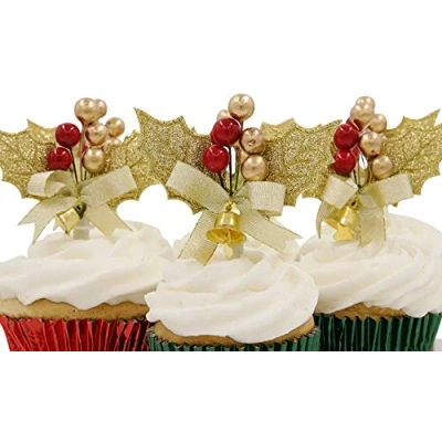 Image of Gold Christmas Cake Topper Holly Sprays 6 x Golden Leaves Decorations Yule Log Cupcake Muffin Toppers(6pc Holly)