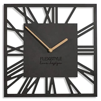 Image of FLEXISTYLE Modern wall clock natural square 30cm wooden hands roman digits for living room bedroom silent non ticking