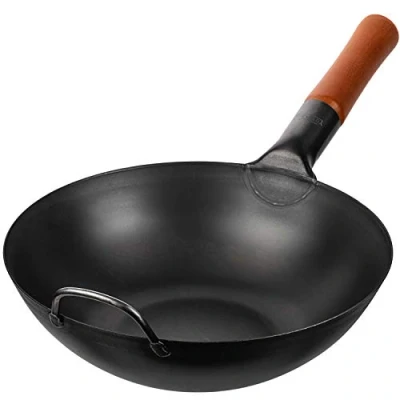 Image of YOSUKATA Carbon Steel Wok Pan 30 cm Woks and Stir Fry Pans Chinese with Flat Bottom Pow Traditional Japanese Black