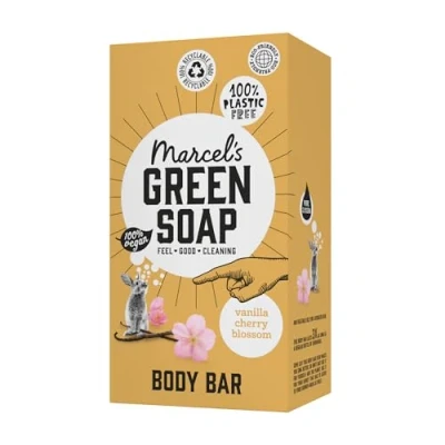 Image of Marcel&#039;s Green Soap Body Bar Vanilla &amp; Cherryblossom Saves 3 bottles of regular Shower Gel 100% Eco friendly Vegan 97% Biodegradable 150 G