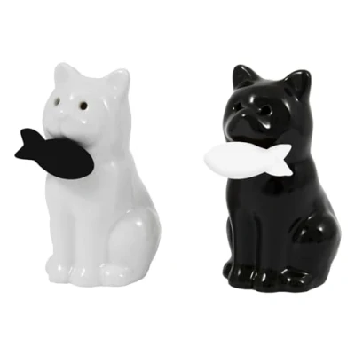 Image of Fisura Original Salt and Pepper Shaker. Set for The Table. of Ceramic shakers. (Cat, white black)