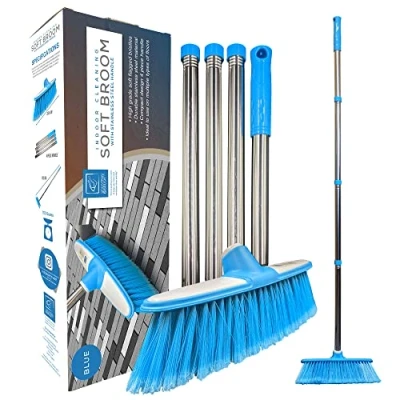 Image of Soft Broom Indoor Sweeping Brush with Stainless Steel Handle The Perfect Kitchen Floor for Your House Long Handled Sweeper (Blue)