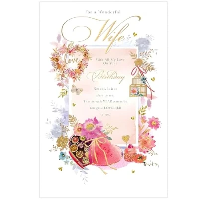 Image of Words and Wishes Wonderful Wife Birthday Card Floral Border with Chocolates Gifts Foil Flitter Details Eco Friendly Recyclable