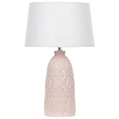 Image of Beliani Table Lamp Home Lightning Ceramic Adorned Base Fabric White Shade Pink Zarima