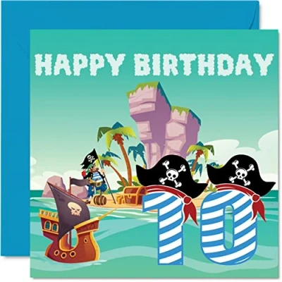 Image of 10th Birthday Card Boy Pirate Treasure Island Happy 10 Year Old Boy, Boys Cards for Him, 145mm x Greeting Son Brother Grandson Nephew Cousin God