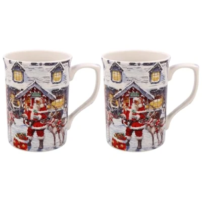 Image of Lesser &amp; Pavey Macneil Christmas Traditional Santa Set of 2 Mugs Gift Idea for Xmas Themed Mug, Santa, UK Design, Hot Drinks, Tea, Coffee Drinkware Mug