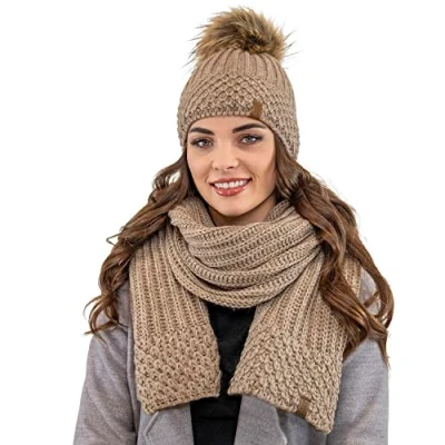 Image of Vivisence Stylish Winter Set Including Warm Hat with Pompom and Matching Scarf Made from Soft Fleece Lined Fabric Ideal for Cold Days, Beige,UNI