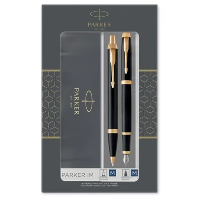 Image of Parker IM Duo Gift Set with Ballpoint Pen &amp; Fountain Gloss Black Gold Trim Blue Ink Refill Cartridge Box
