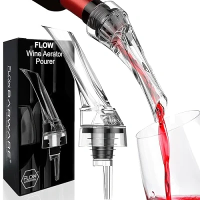 Image of FLOW Barware Wine Aerator Non Drip Pourer Air That Aerates in Seconds Red Gift Set Breather