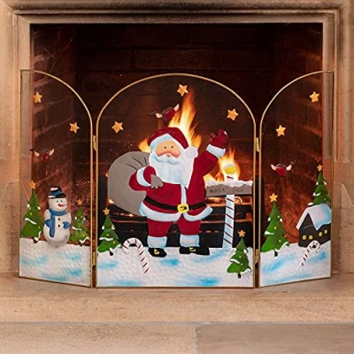 Image of CHRISTOW Christmas Fireguard Fireplace Screen, Arched Metal Mesh Fire Screen H49cm (Santa Claus)