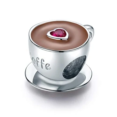 Image of I Love Coffee Charm 925 Sterling Silver Red Enamel Heart Cup Charms for Pandora Bracelet (Love Charms)