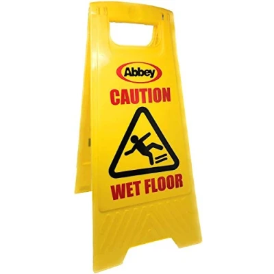 Image of Abbey Warning Caution Wet Floor Sign Yellow 640mm Height Cleaning in Progress Printed on the Other Side Mini Ideal for Commercial Business use