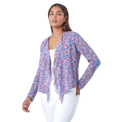 Image of Roman Originals Fringe Detail Waterfall Cardigan for Women UK Ladies Everyday Holiday Spring Summer Edge to Opening Comfy Soft Evening Vacation Work Party Purple Size 20