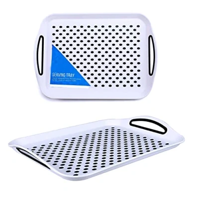 Image of 2x White Extra Large 41cm Anti Slip Serving Plastic Trays with Easy Grip Rubber Handles Surface, Non Top and Bottom, Dinner Drinks