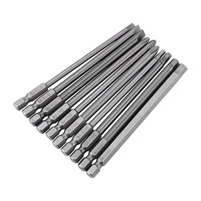 Image of 10pcs 1/4 Inch Hex Shank Long Magnetic BST Screwdriver Bits Set 100mm Power Tools (Slotted+Cross+Hex Head)