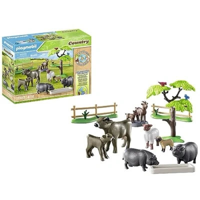 Image of Playmobil 71307 Country Animal Set with Paddock, lovingly designed farm animals like cows, goats, sheep, and pot bellied pigs, fun imaginative role play, playsets suitable for children ages 4+