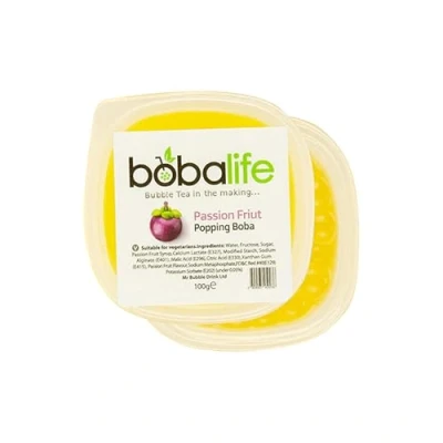 Image of Bobalife Passion Fruit Flavoured Popping Boba 2 Servings (100g), Juice Filled Pearls for Bubble Tea, Iced Drinks, Desserts, Cocktails &amp; Slush Low Fat, Gluten Free Vegan