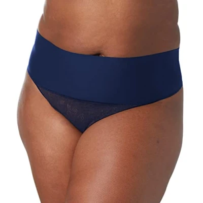 Image of Maidenform Women&#039;s Tame Your Tummy Shaping Thong with Cool Comfort Waist Shapewear, Navy Lace, S