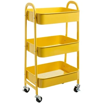 Image of DOEWORKS Trolley on Wheels Metal Storage Cart 3 Tier Kitchen Beauty Utility Rolling Organizer for Bedroom Makeup Bathroom Office, Yellow