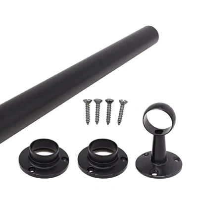 Image of Wardrobe Rail Black Mounted Kit for Clothes Hanging (1 rail, 2 end sockets, 1 centre bracket, screws) (25 x 2500 mm)