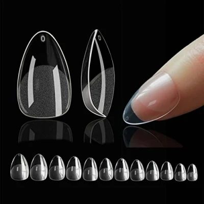 Image of Short Almond Nail Tips 552pcs Clear Half Matte Soft Gel Full Cover Tips, XS for Extensions Kit, Art Pre Buff False Nails Acrylic 12 Sizes