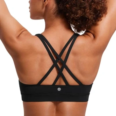Image of CRZ Yoga Women&#039;s Strappy Back Wirefree Padded Workout Sports Bra Black L