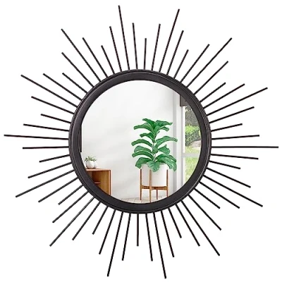 Image of HLFMVWE Large Sunburst Wall Mirror Boho Home Decor Round Art Modern Metal Hanging Bathroom Bedroom hallway balcony Vanity Living room Entryway Black 50 x cm