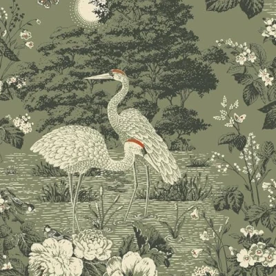 Image of Belgravia Decor Izumi Crane Themed Elegant Oriental Japanese Wallpaper Ideal for Living Rooms, Contemporary Bedrooms, Dining Areas and Restroom Wall Covering in Green 743