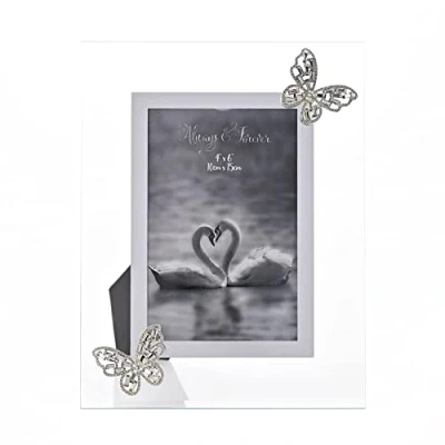 Image of Wedding / Engagement Glass Photo Frame 4&#039; x 6&#039; with 3D Butterflies