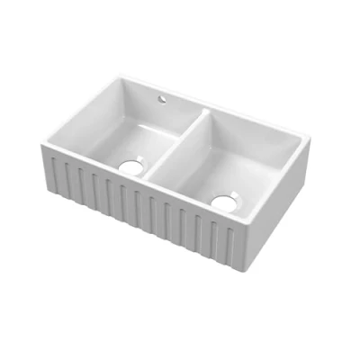 Image of Fireclay Kitchen Double Bowl Fluted Front Butler Sink with Stepped Weir, 795mm x 500mm White