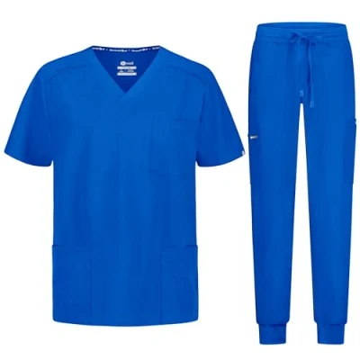 Image of B well MATTEO Men&#039;s Scrub Set with Tunic and Jogging Bottoms for Medicine Medical Uniform Professional Wear Elastane, Royal Blue, XL