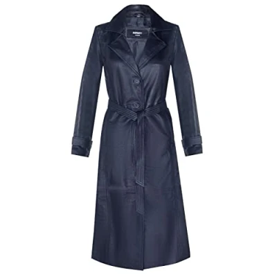 Image of Ladies Black Leather Full Length Trench Classic Coat 3XL