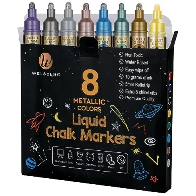 Image of Welsberg 8 Metallic Liquid Chalk Pens with extra chisel nibs, Eraseable Markers 5 mm tip jumbo ink 10 grams for Whiteboard, Blackboard, Chalkboard, Window, Labels, Glass.