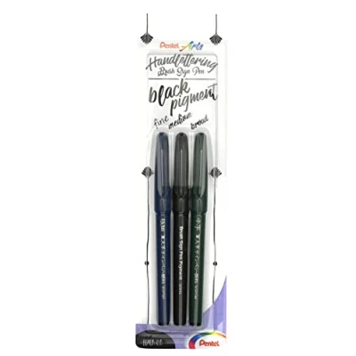 Image of Pentel XSESP15/3 Brush Sign Pen Pigment Black Ink Edition Calligraphy with Flexible Tip, Blister Card 3 Line Widths, Pigmented Ink, Colour