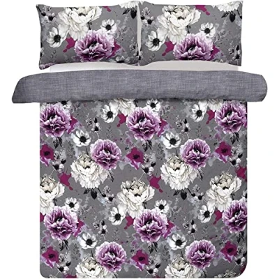 Image of Sleepdown Duvet Cover Set Grey Inky Floral Plain Reversible Quilt Easy Care Bed Linen Soft Cosy Bedding Sets with Pillowcases Double (200cm x 200cm)