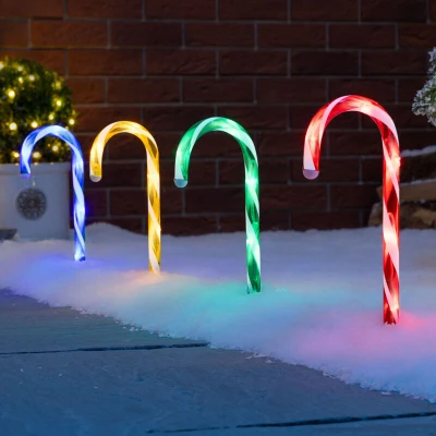 Image of CHRISTOW Candy Cane Christmas Lights, Outdoor Path Stake Decorations, Flashing LED, Battery Operated with Timer, Set of 4 x 26cm (Multi Coloured)