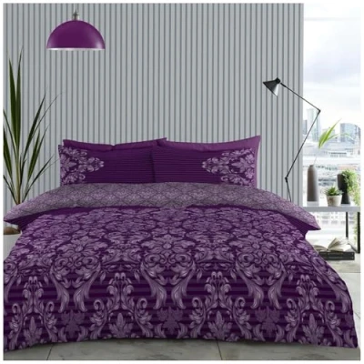 Image of GC GAVENO CAVAILIA Damask Floral Double Duvet Cover Set With Super Soft Pillowcases Easycare Reversible Botanical Striped Bedding Sets Purple