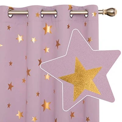 Image of Deconovo Thermal Curtains, Eyelet Blackout Room Darkening Gold Star Foil Printed, Curtains for Kids Bedroom, 46 x 90 Inch(Width Length), Light Pink, 2 Panels