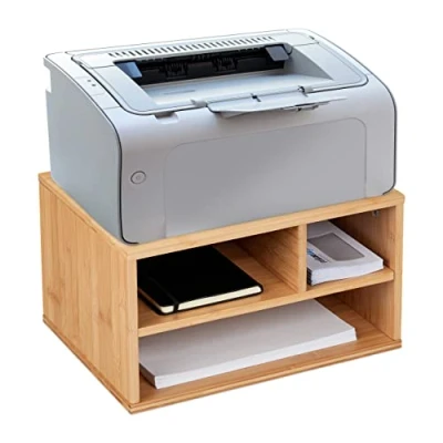 Image of Relaxdays Printer Stand, 3 Compartments, Desk, H x W D: 22 40 30 cm, Bamboo Organiser, Natural