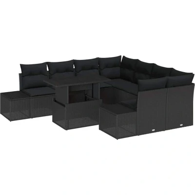 Image of vidaXL 9 Piece Garden Sofa Set with Cushions Black Poly Rattan