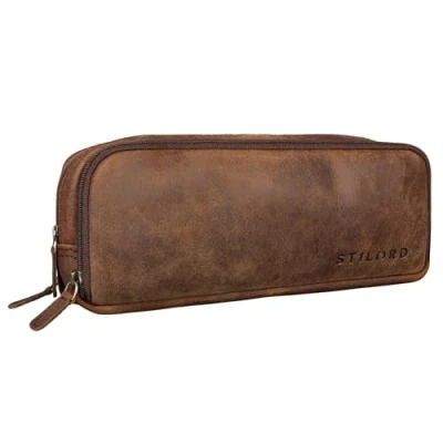 Image of STILORDD &#039;Flo&#039; Leather Pencil Case Large Holder Small Pouch Bag Box Pencilcase Vintage Aesthetic Cases, Colour:Zamora Brown