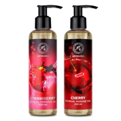 Image of Sensual Massage Oil Set 2 x 200ml Strawberry &amp; Cherry Blend of Almond and Grapeseed Oils Edible Kissable Body for Him Her Couples Romantic Gift Relaxing