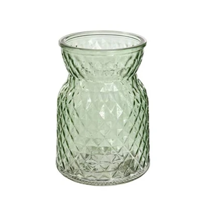 Image of Small Modern Shaped Vase Lattice Texture Glass Bud or Stem Flower 13cm x 9cm Pastel Pink Green (Green)