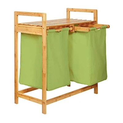 Image of Lumaland Bamboo laundry Basket with 2 extendable bags Size approx. 73 cm height x 64 width 33 depth, Colour: Green