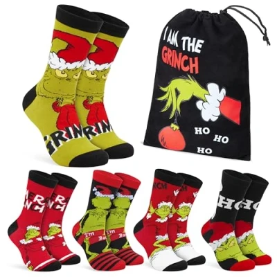Image of The Grinch Men&#039;s Novelty Calf Length Socks, Soft Breathable Pack of 5 Funny Gifts for Men