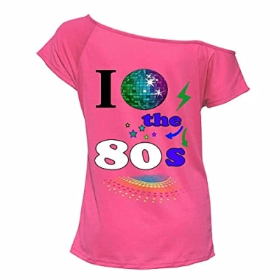 Image of Zeetaq Ladies I Love The 80&#039;s T Shirt Fancy Dress Costume Neon Festival Women&#039;s Outfit UK Size 8 26 (Pink Globe, S M)