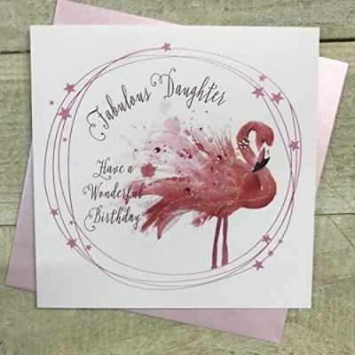 Image of WHITE COTTON CARDS DAUGHTER FLAMINGO BIRTHDAY CARD, HAND FINISHED (SP54 D)
