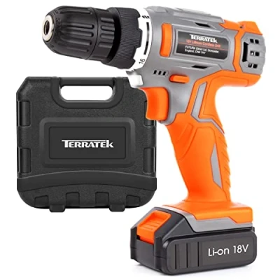Image of Terratek Cordless Drill Driver 18V Lithium Ion, 13Pc Electric Screwdriver Set, LED Work Light, Quick Change Power Battery with Charger &amp; Carry Case Included