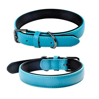 Image of OFHome Dog Collar for Small Medium Large Dog, Soft Padded Leather with D Ring, Heavy Duty Adjustable Collar, Blue, S