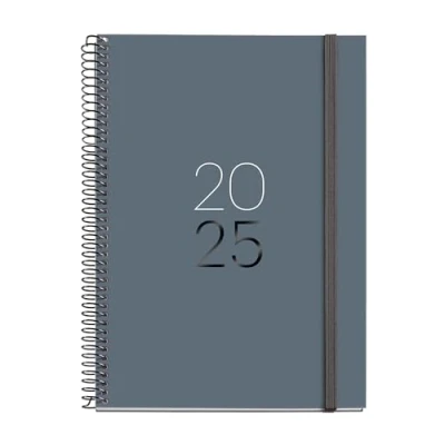 Image of Miquelrius 2025 Diary, 155 x 213 mm, Week to View Agenda, Laminated Cardboard Cover, Spiral, Elastic Closure, Paper 80 g/m², Catalan, English and Portuguese, Graphite